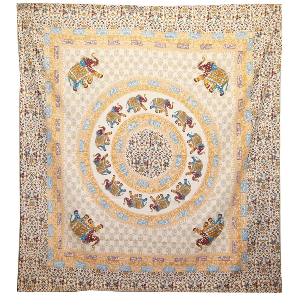 Brown and orange elephant mandala on cream backdrop, mandala wall spread for home décor