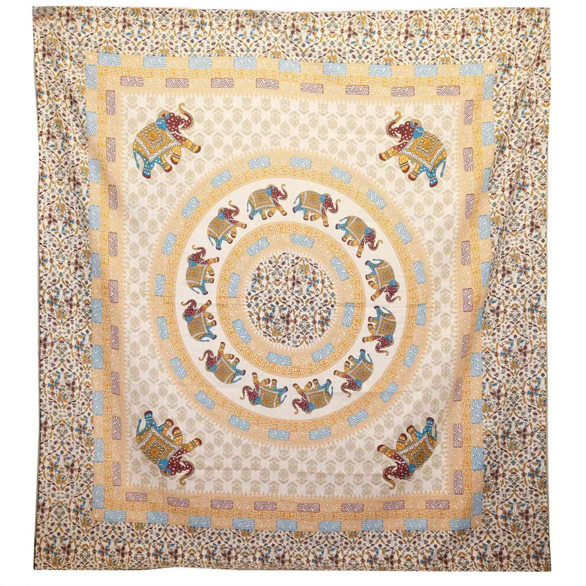 Elephant decor hanging featuring a mandala design in brown and orange on a cream backdrop.