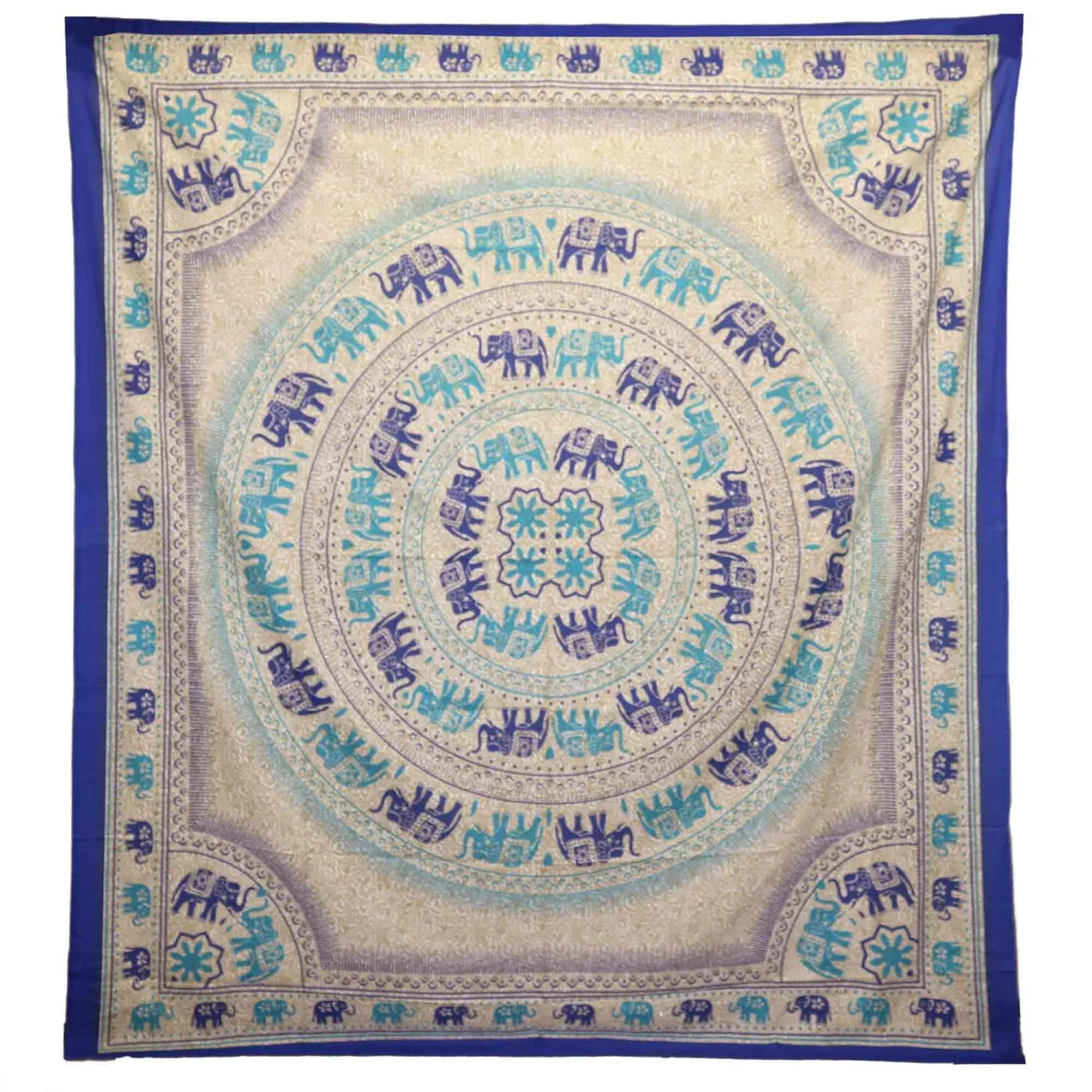 Blue elephant mandala wall hanging in a spread layout, featuring a stylised elephant pattern against a muted blue backdrop.