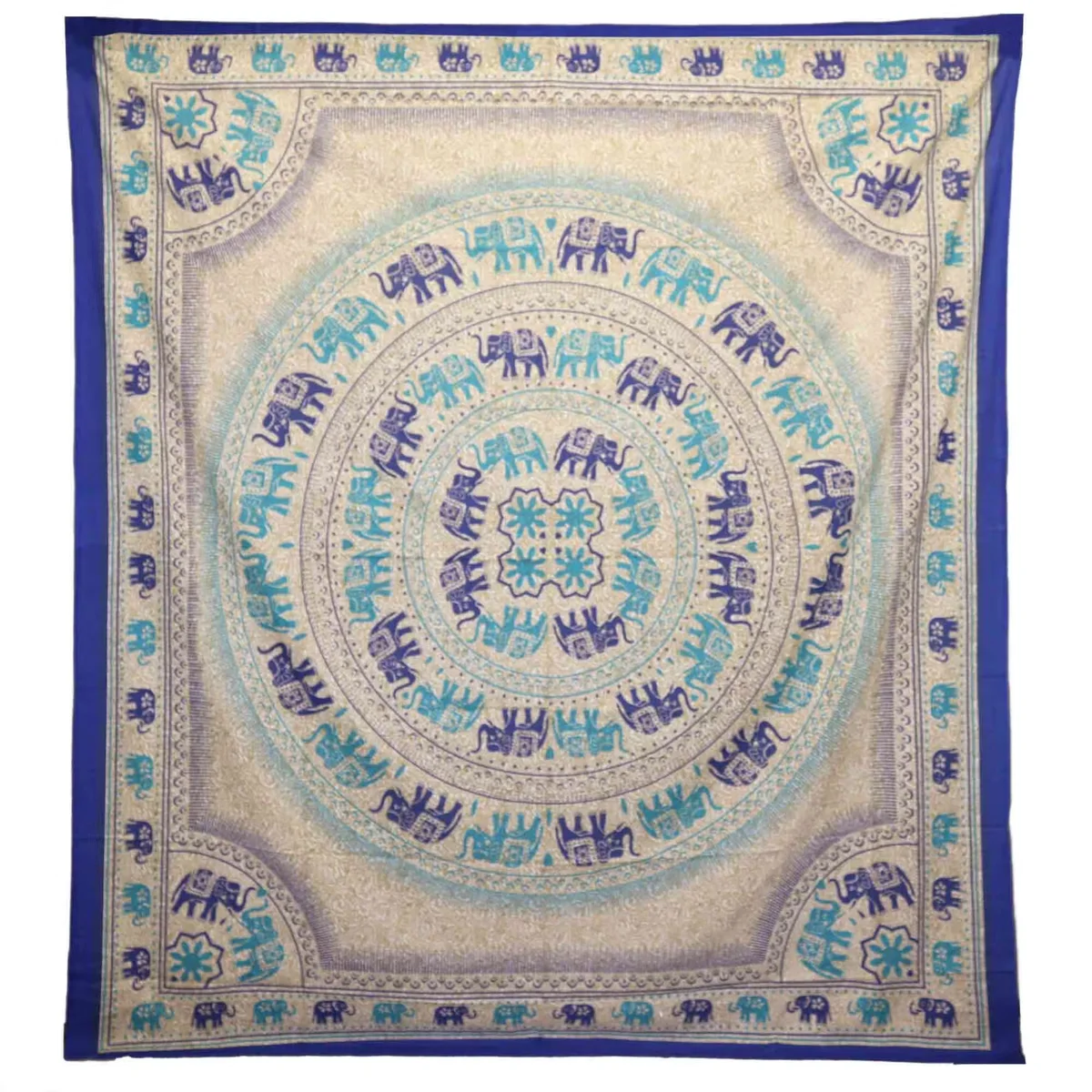 Elephant mandala in shades of blue on a boho wall hanging