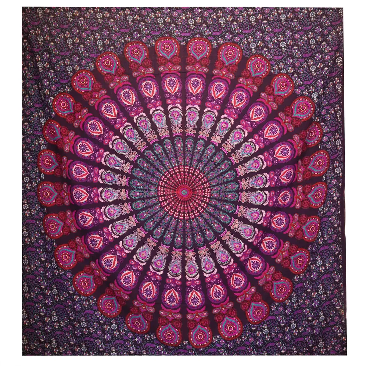 Purple peacock mandala double bedspread with matching wall hanging