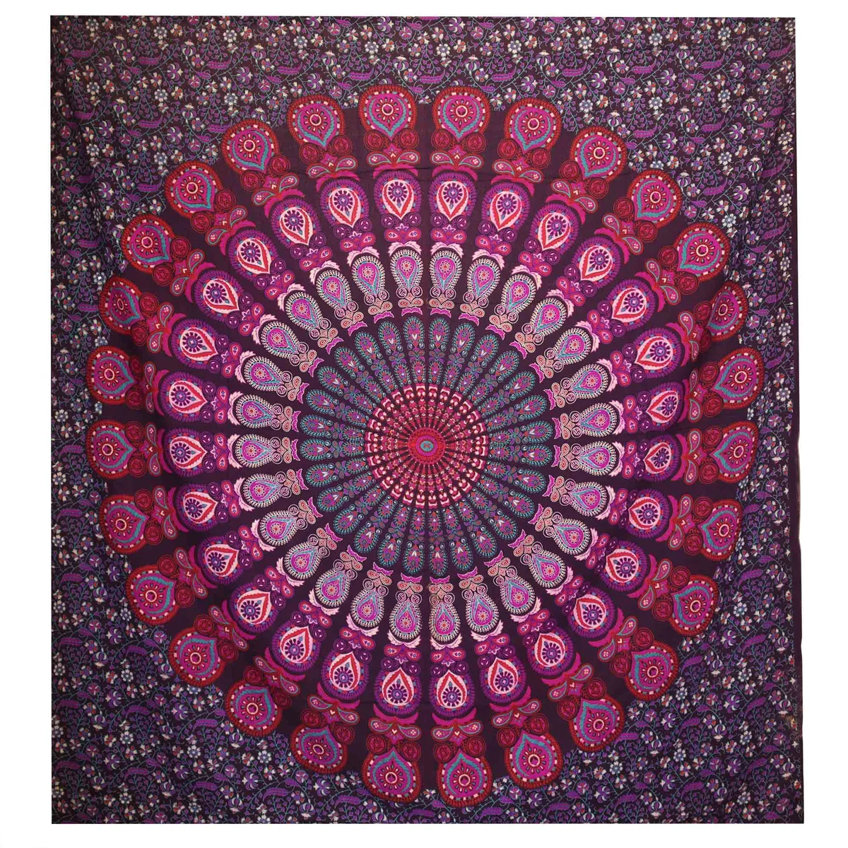 Purple peacock mandala bedspread with matching wall hanging covers bed and wall