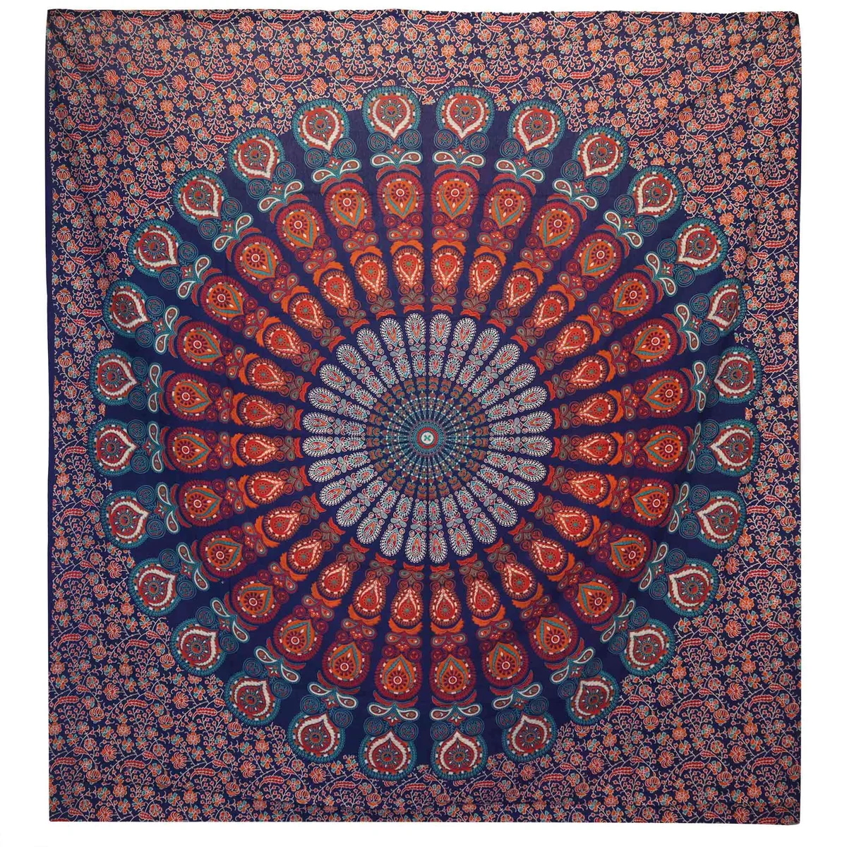 Cotton bedspread double in blue with peacock mandala design, paired with matching wall hanging