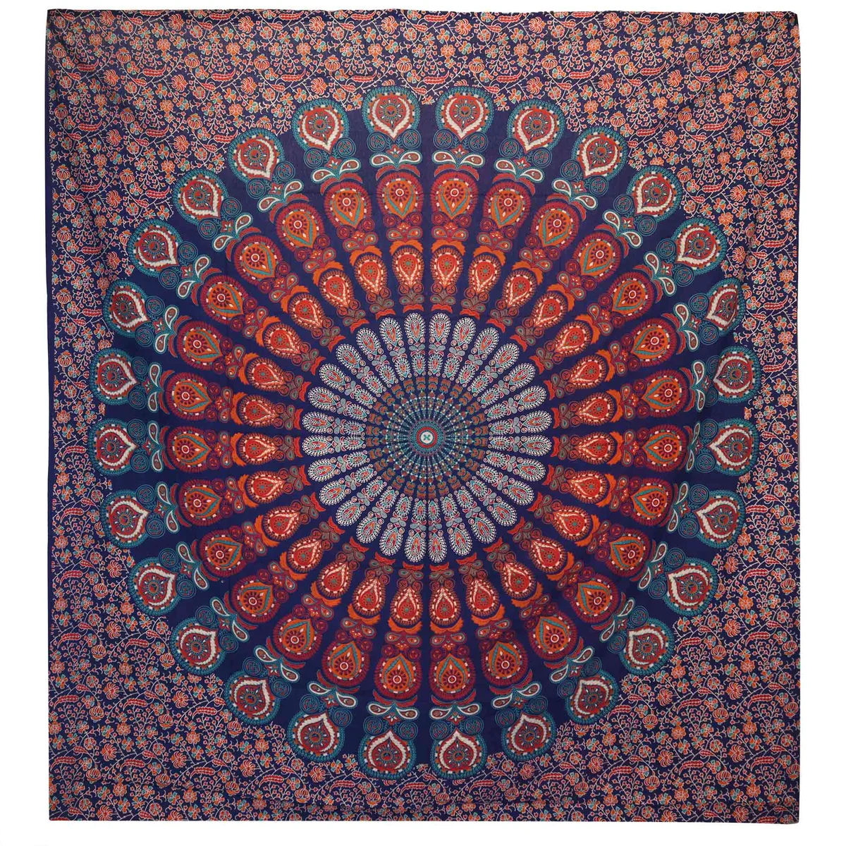 Blue cotton bedspread with peacock mandala pattern and matching wall hanging on a bed