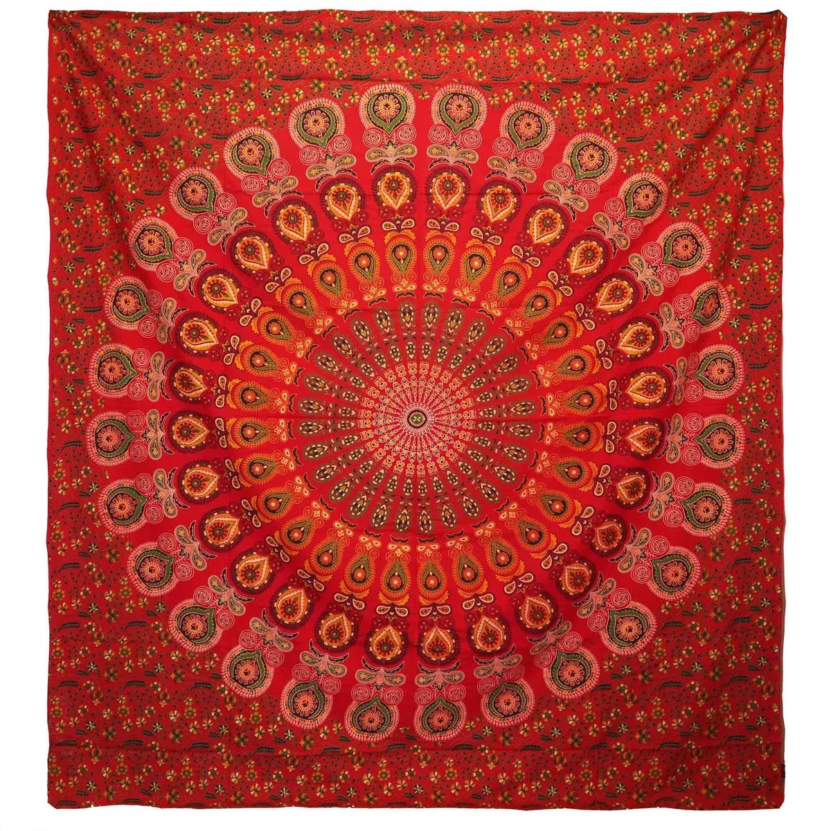cotton bedspread double in red peacock mandala pattern with matching wall hanging