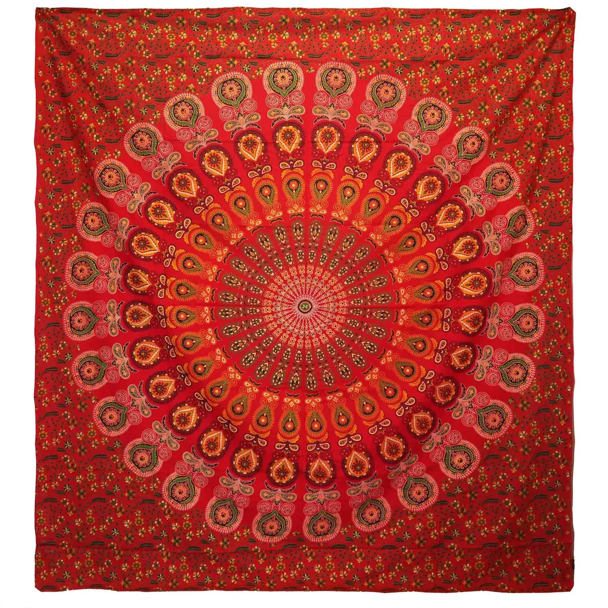 Red double cotton peacock mandala bedspread with matching wall hanging