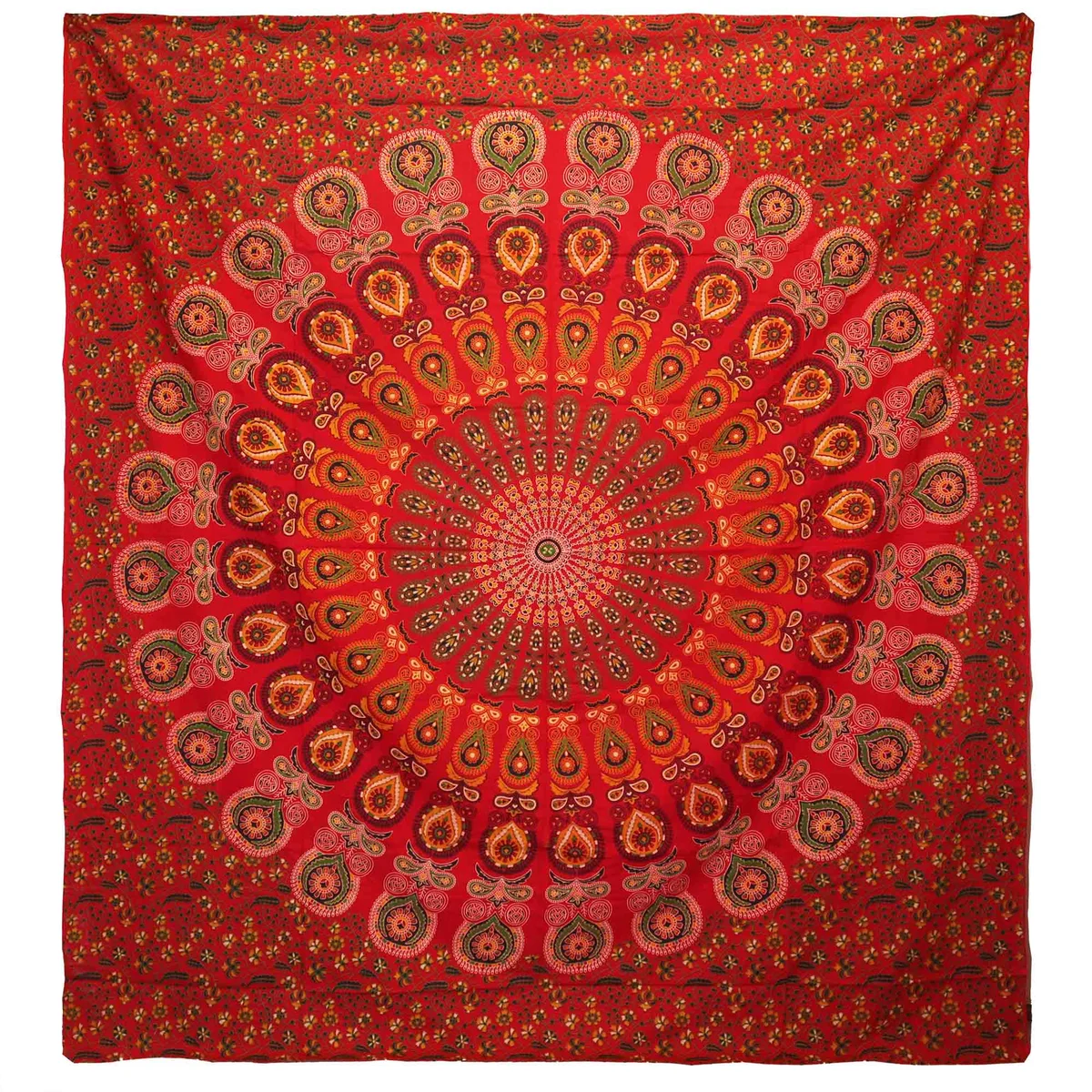 Red cotton bedspread with peacock mandala pattern, paired with matching wall hanging on a bed.
