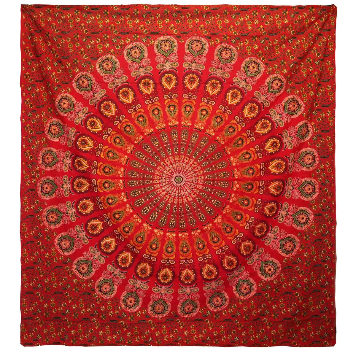 Red double cotton bedspread with peacock mandala and matching wall hanging.