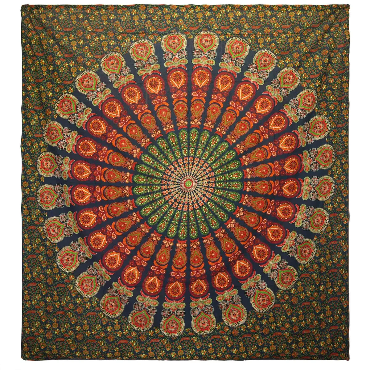 double cotton bedspread in green peacock mandala print, paired with matching wall hanging