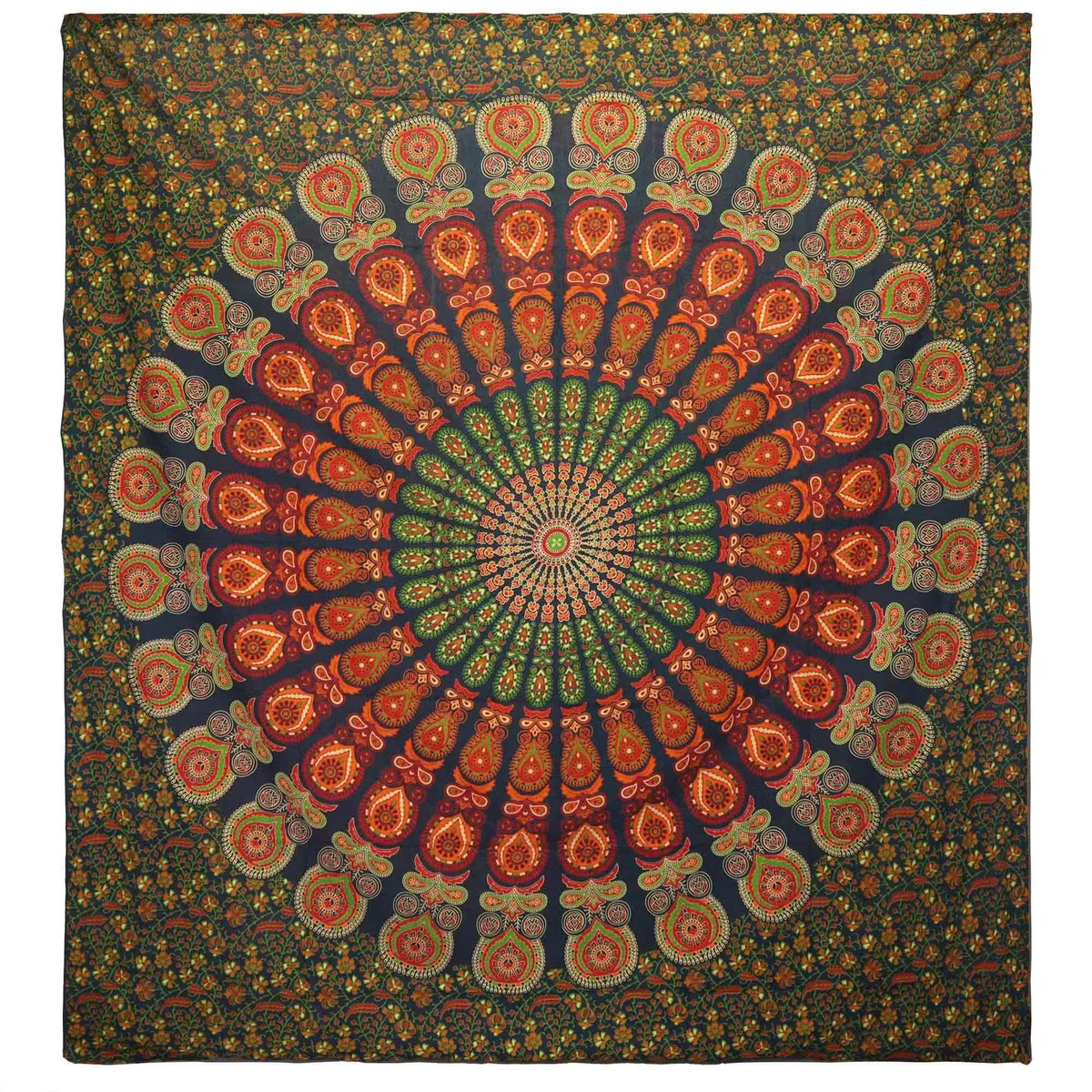 Green peacock mandala on a cotton wall hanging and matching double cotton bedspread for a unified home décor.