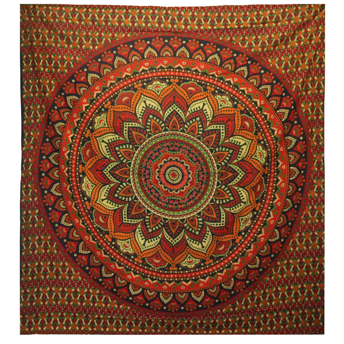 Green double cotton bedspread with classic mandala pattern draped over bed, paired with matching wall hanging