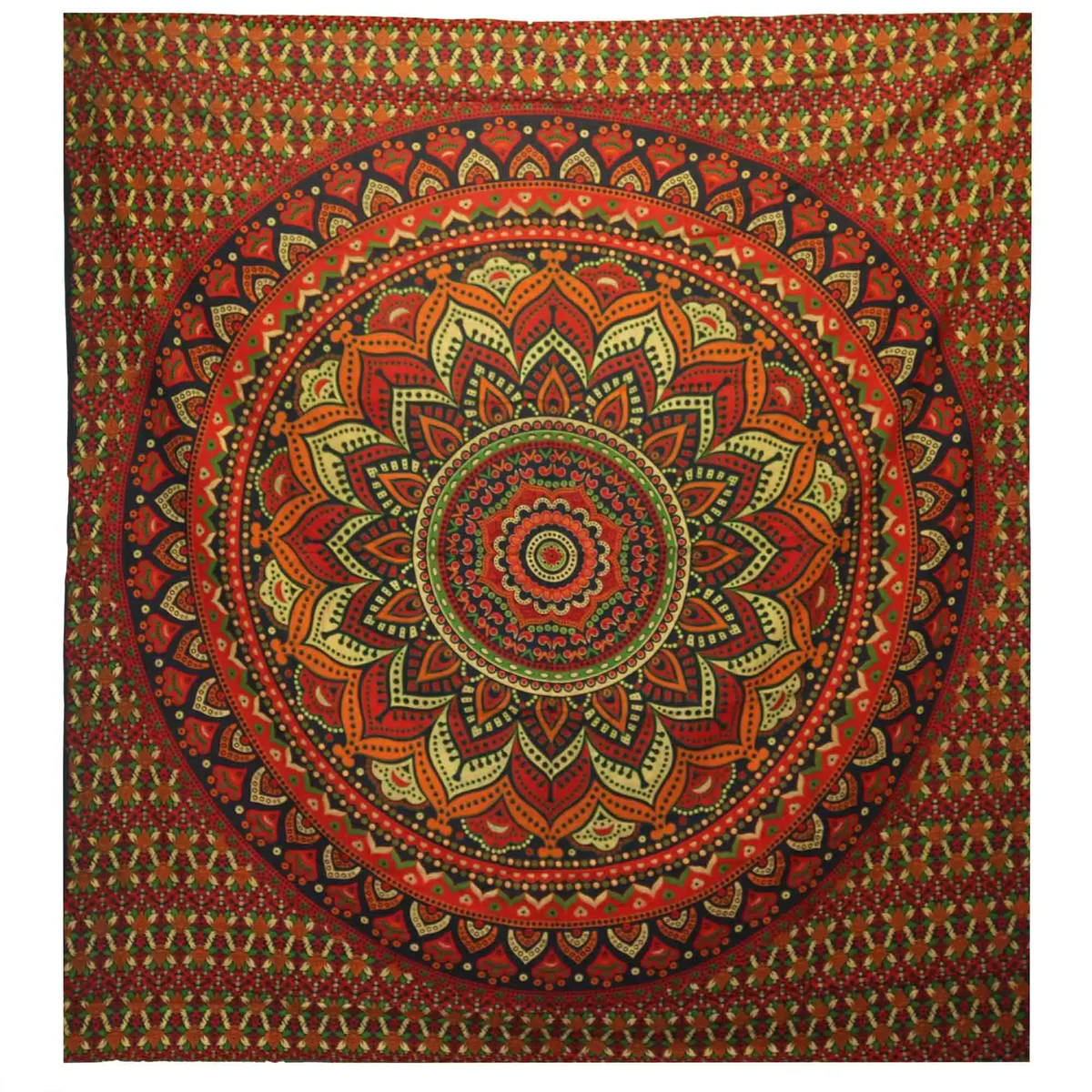 Double bedspread with green mandala pattern paired with matching wall hanging