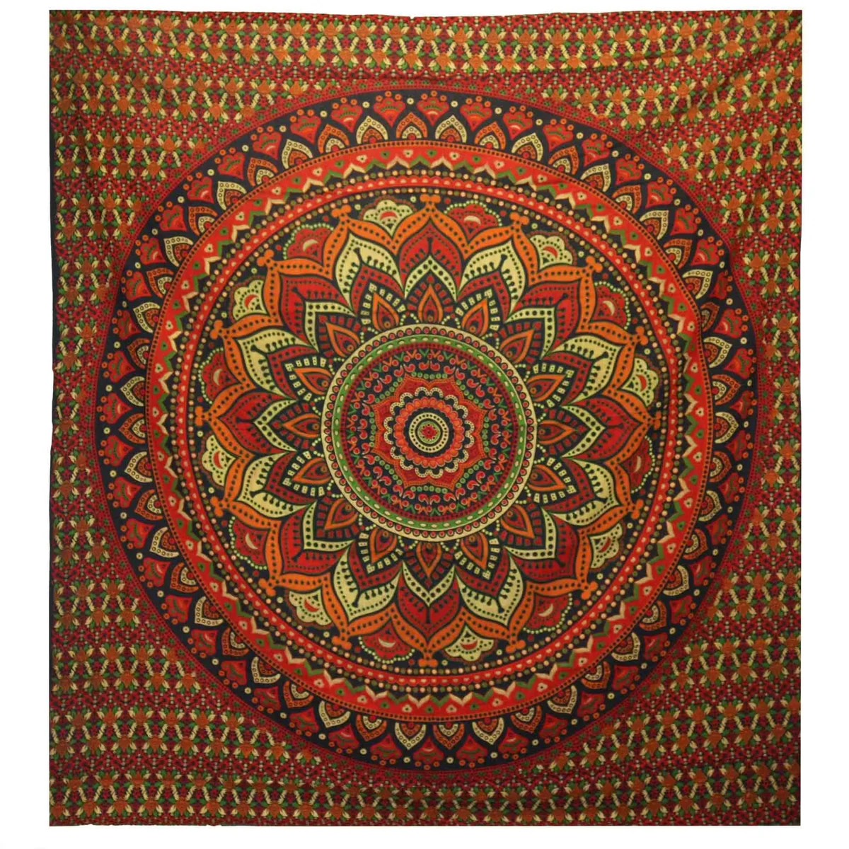Green bedspread with mandala pattern paired with its matching green wall hanging.