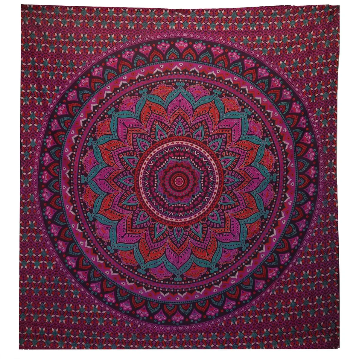 Double bedspread in purple laid out with matching wall hanging featuring classic mandala design