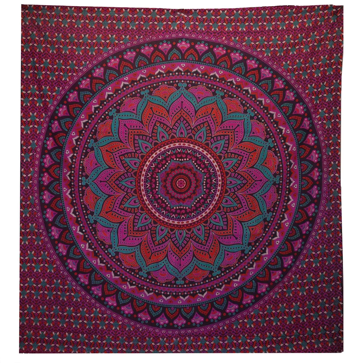Purple cotton mandala bedspread with matching wall hanging, classic mandala design on textile and décor.