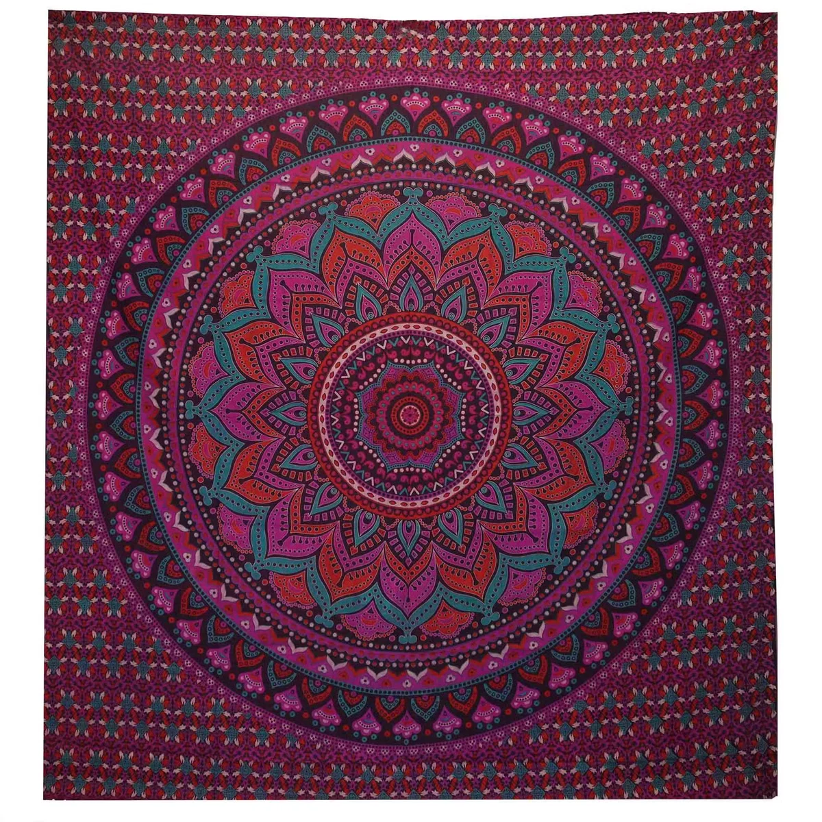Purple bedspread with classic mandala pattern, paired with matching wall hanging, displayed on a simple bed frame.