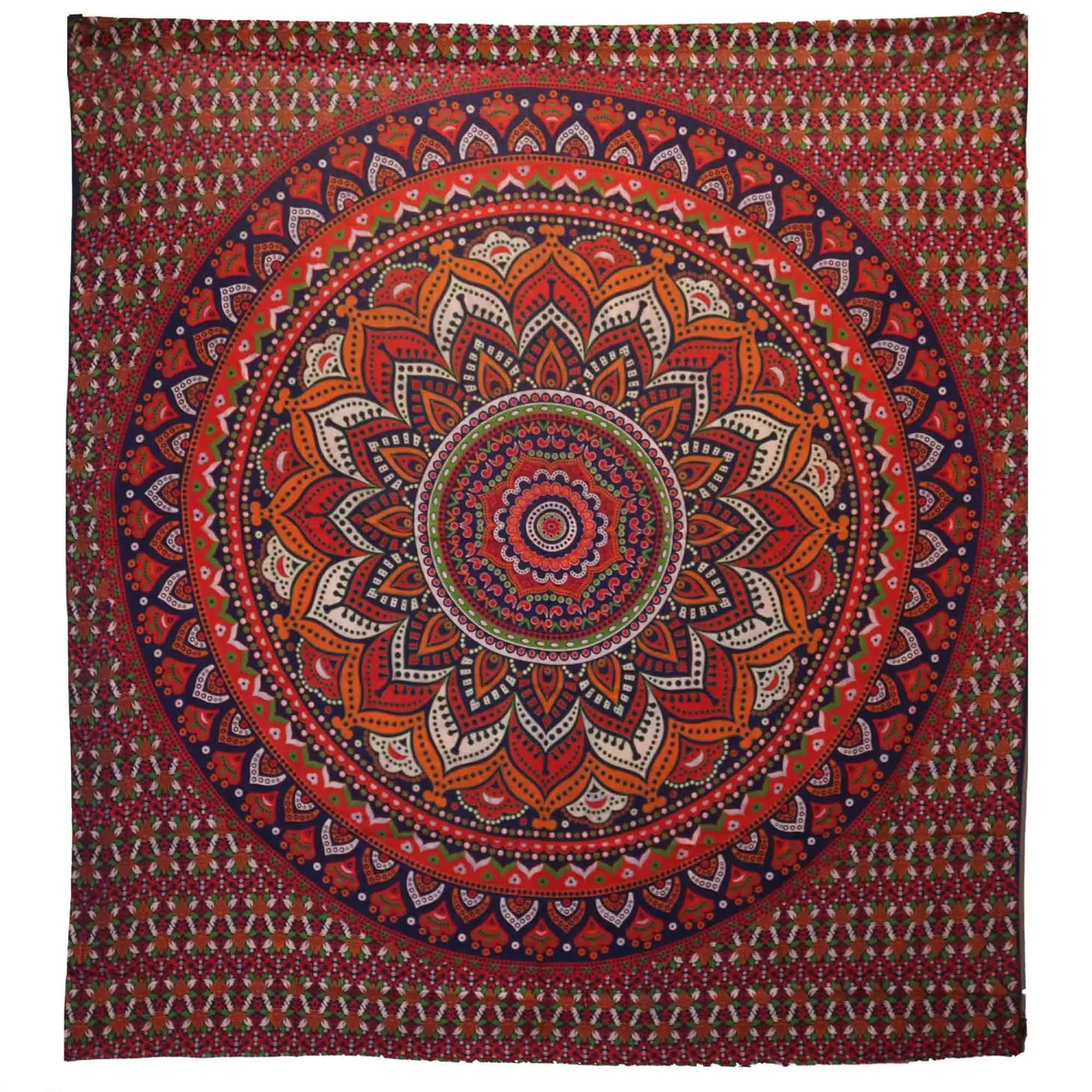 Double cotton bedspread and matching wall hanging featuring orange and blue mandala pattern