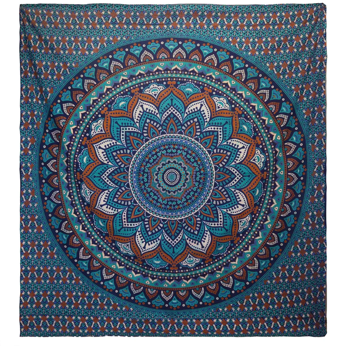 Turquoise cotton mandala bedspread with classic pattern and matching wall hanging