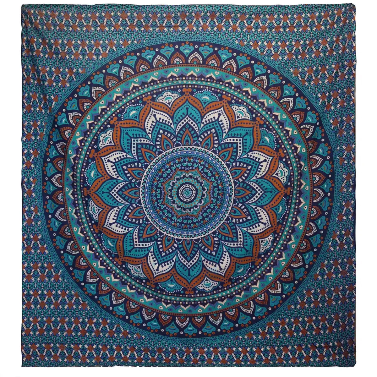 Turquoise bedspread with classic mandala pattern, paired wall hanging, cotton texture.