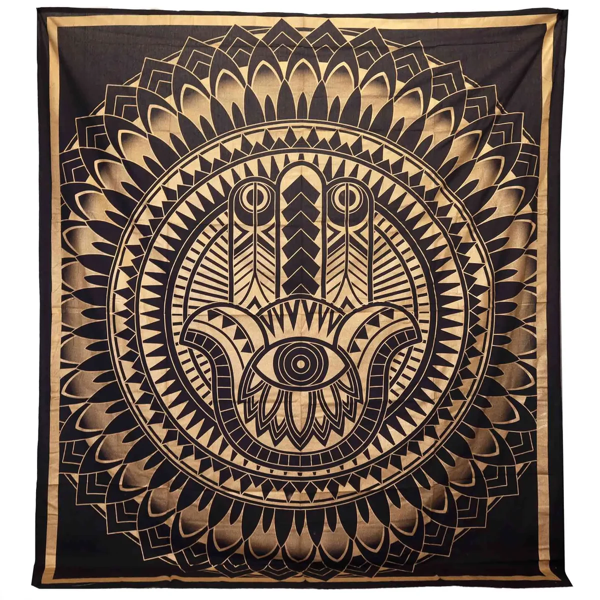Double cotton bedspread and wall hanging featuring black and gold Hamsa design on a double bed setup