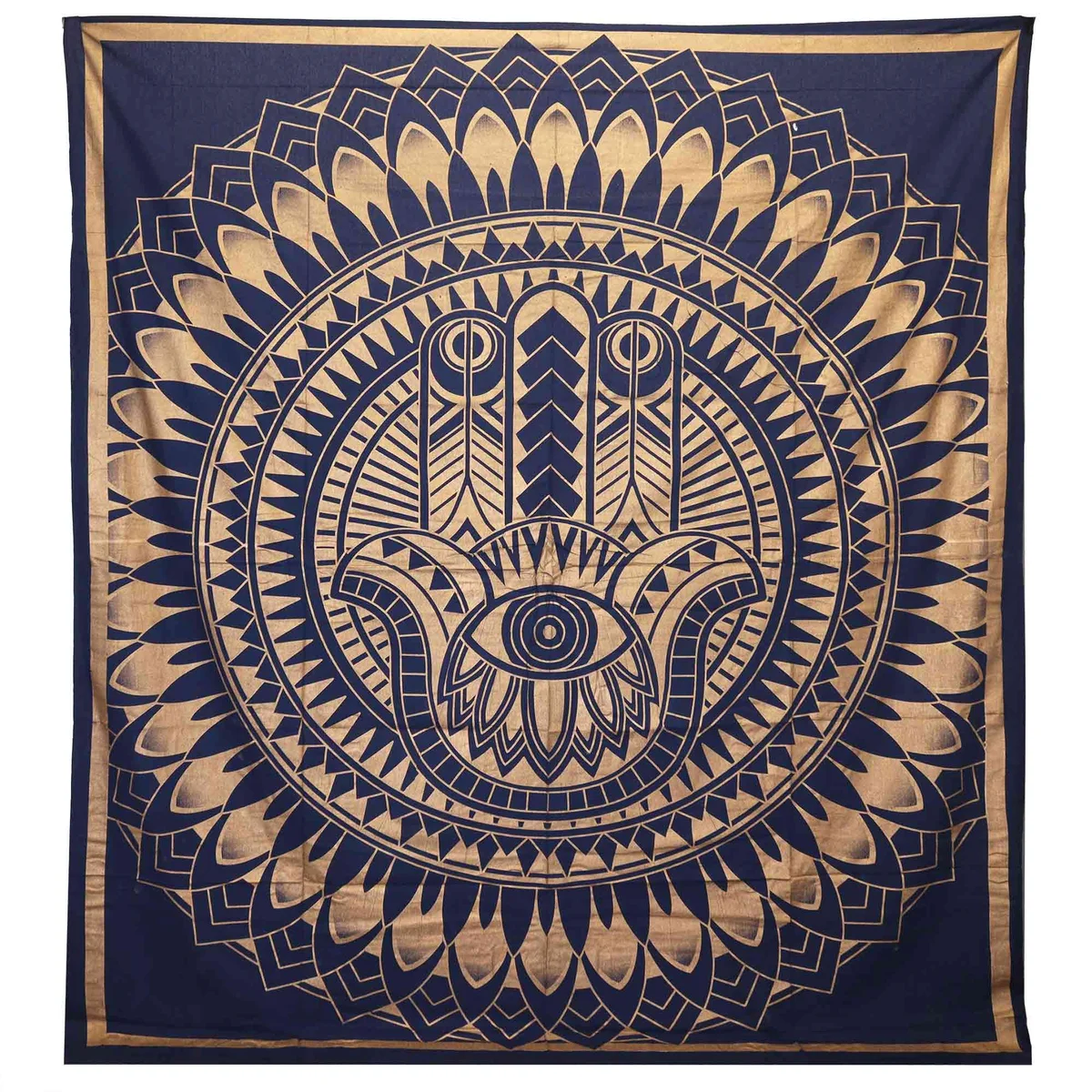 Blue gold Hamsa design cotton bedspread displayed as a double bedspread and wall hanging