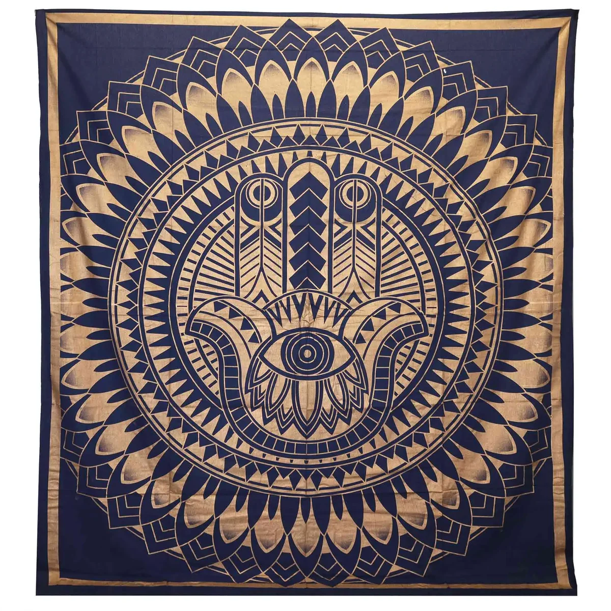 Double bedspread with blue and gold Hamsa design, also used as a wall hanging, made of cotton fabric