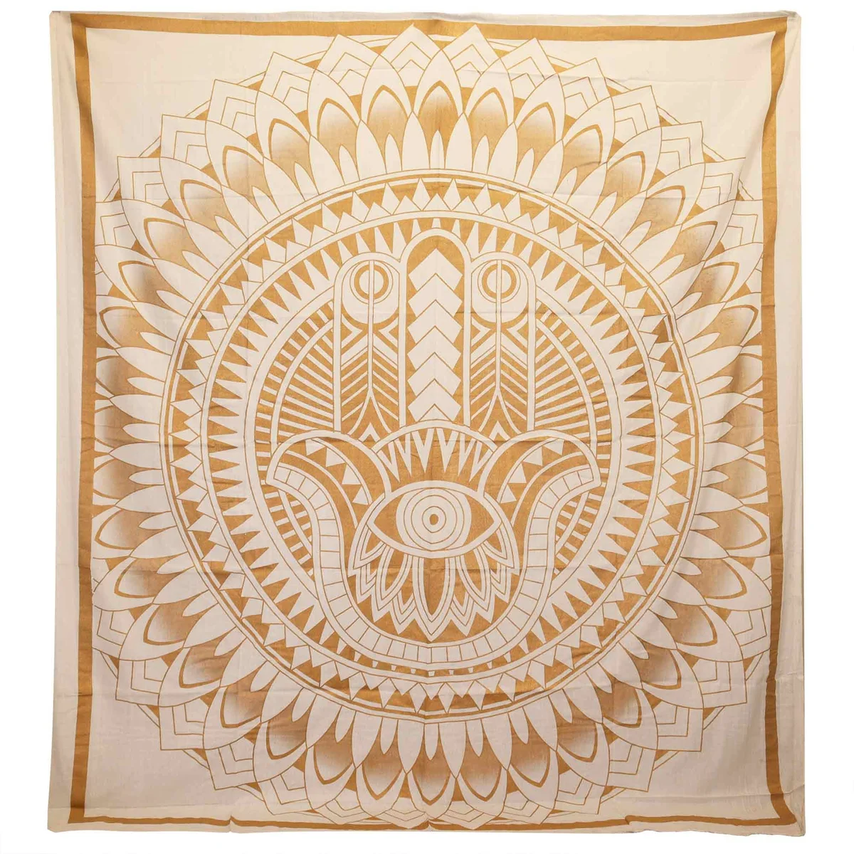 White gold Hamsa design cotton bedspread double displayed as bedspread and wall hanging in white and gold tones