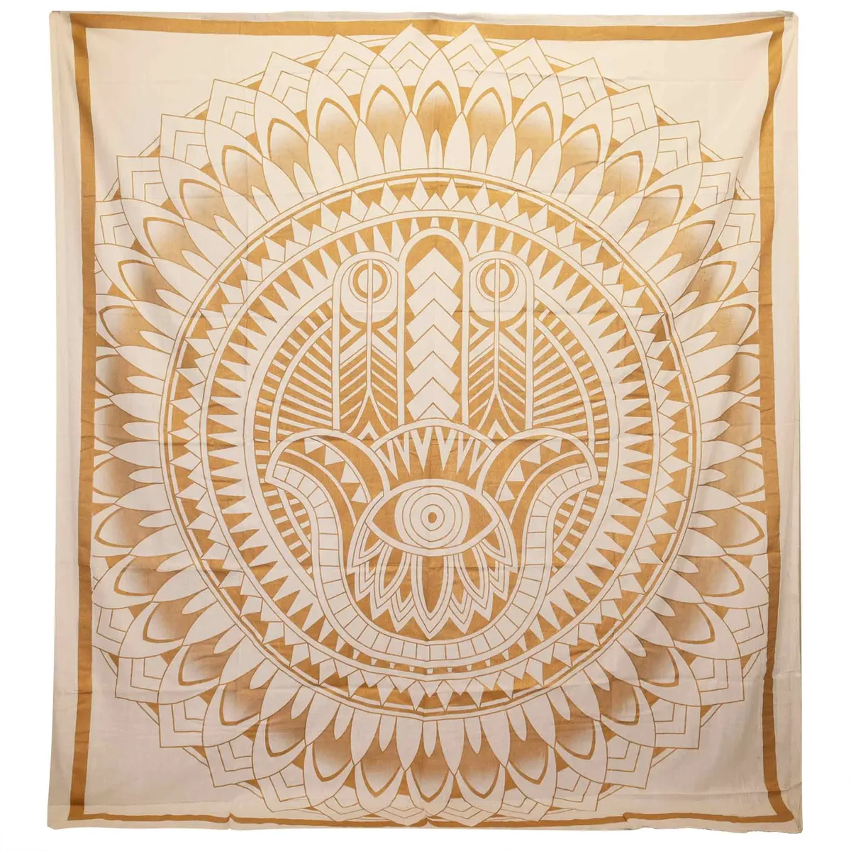 Double cotton bedspread in white gold with Hamsa design, styled as bedspread and wall hanging in a bedroom setting