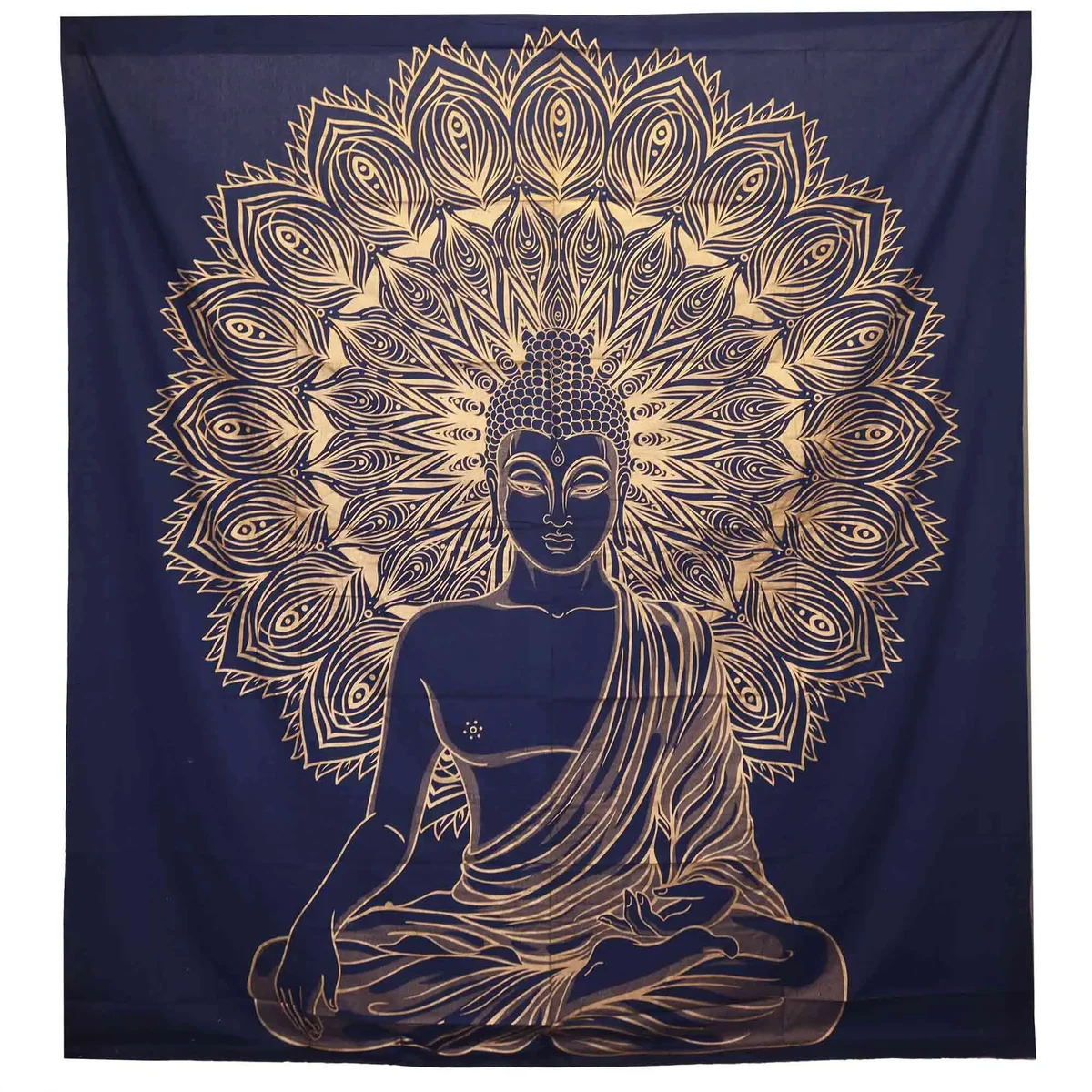 Double bedspread featuring blue and gold Buddha design, also used as a wall hanging, made of cotton fabric