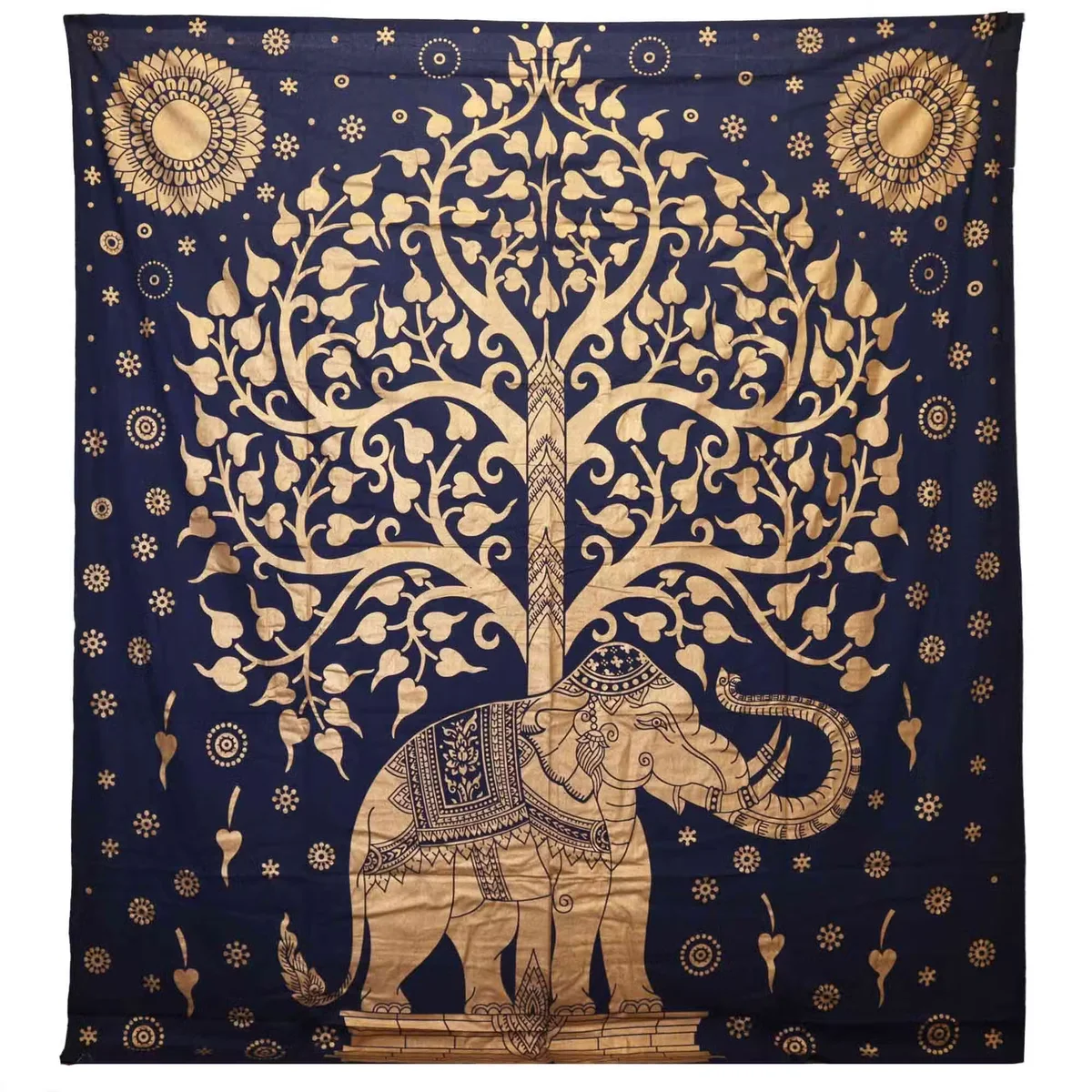 Double bedspread blue gold featuring elephant and tree design in blue and gold tones, displayed as wall hanging and bedspread
