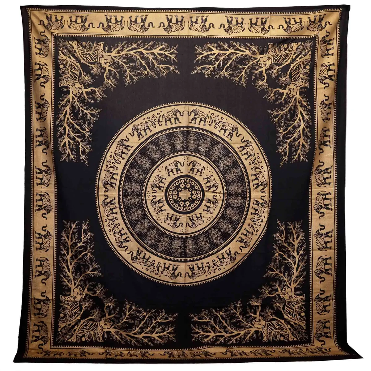 Double bedspread featuring black and gold elephant jungle design, also serves as a wall hanging in cotton fabric