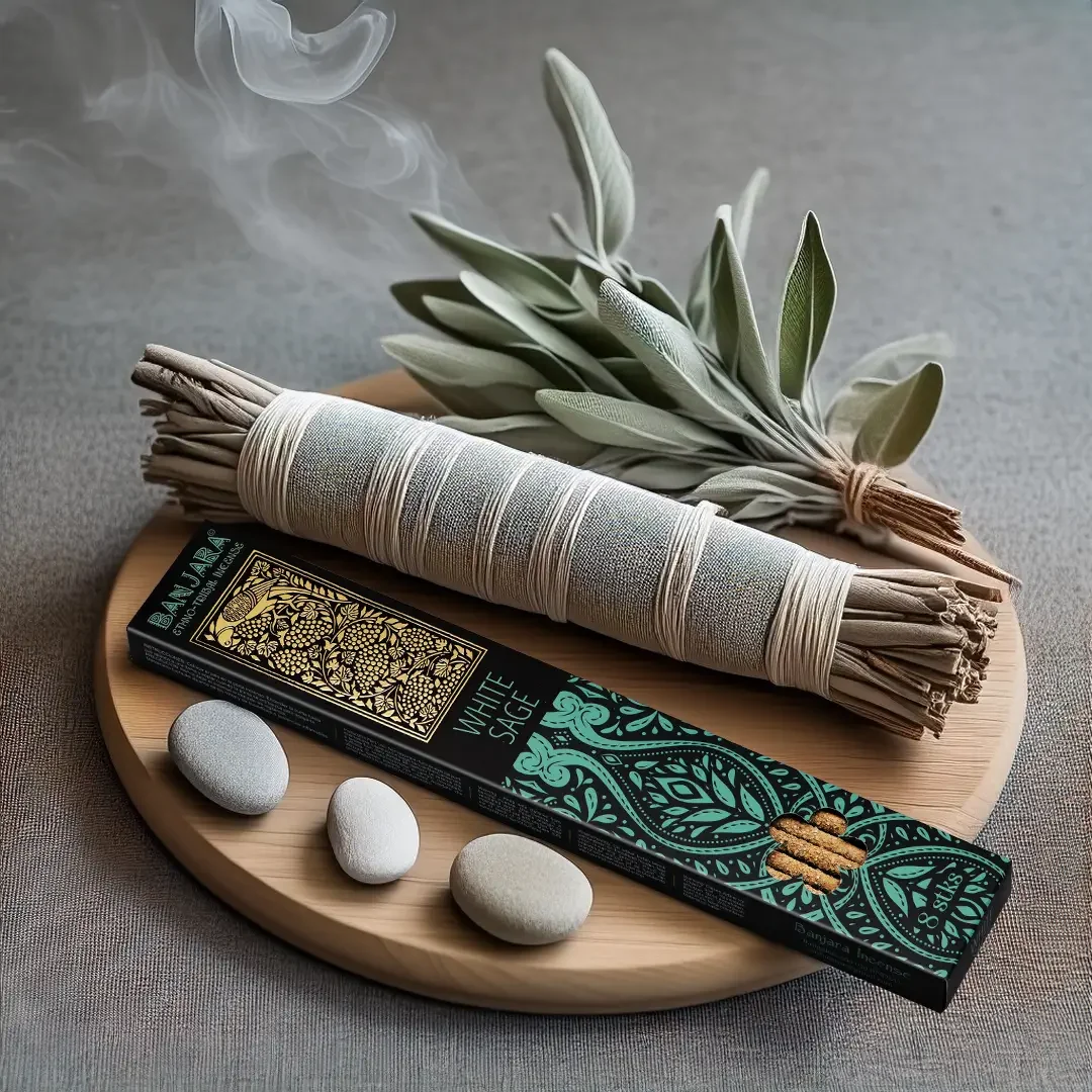 Extra long white sage smudge stick from Banjara, bundled and tied for cleansing rituals and aromatherapy use