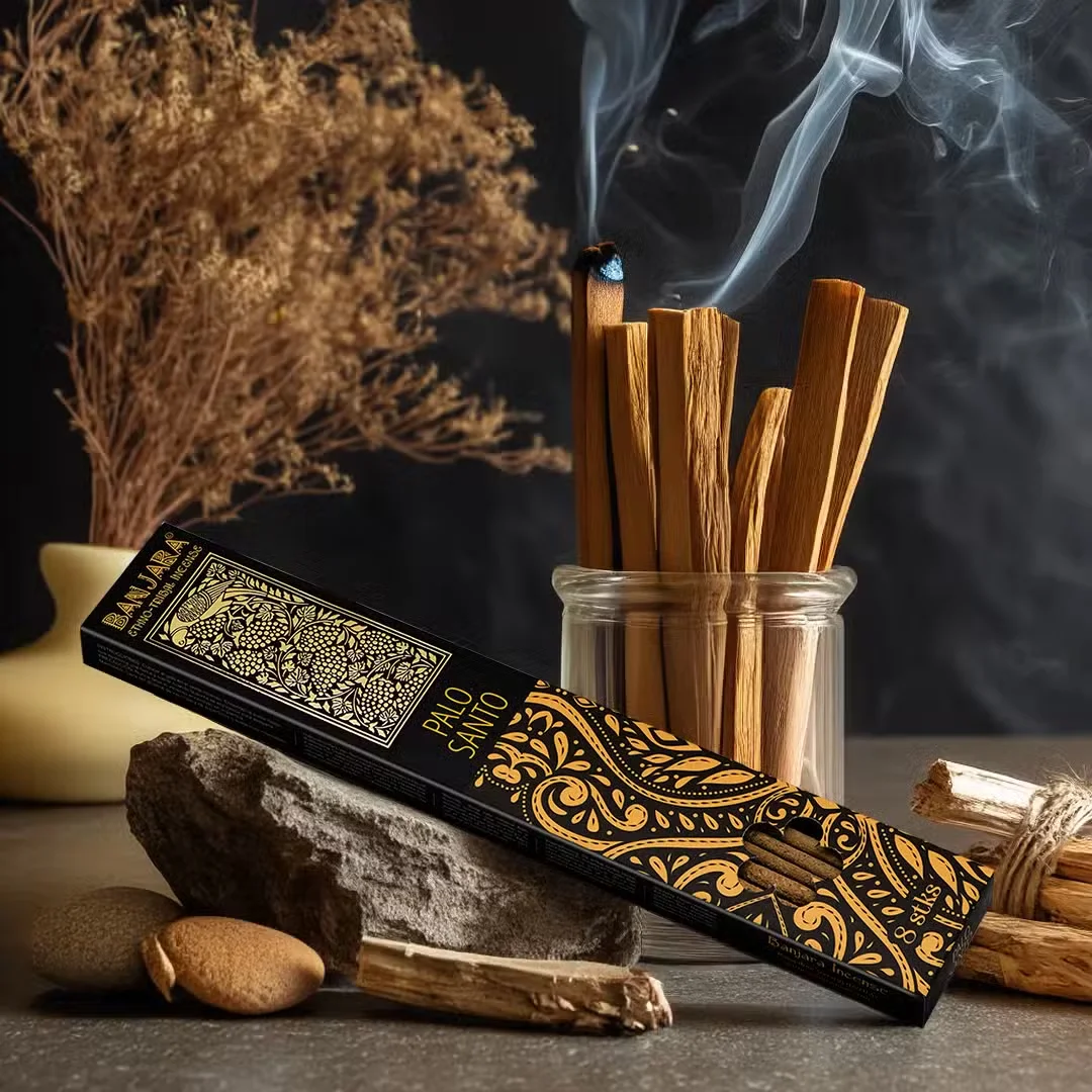 Extra long Banjara Palo Santo spiritual cleansing stick with natural wood texture on white background