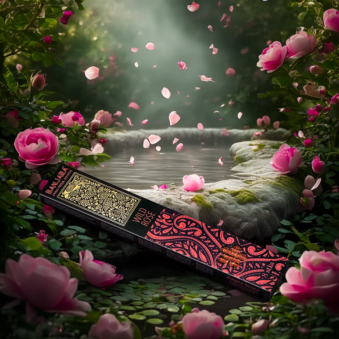 Extra long Banjara Wild Rose smudge stick for cleansing with dried rose petals wrapped in natural twine on white background