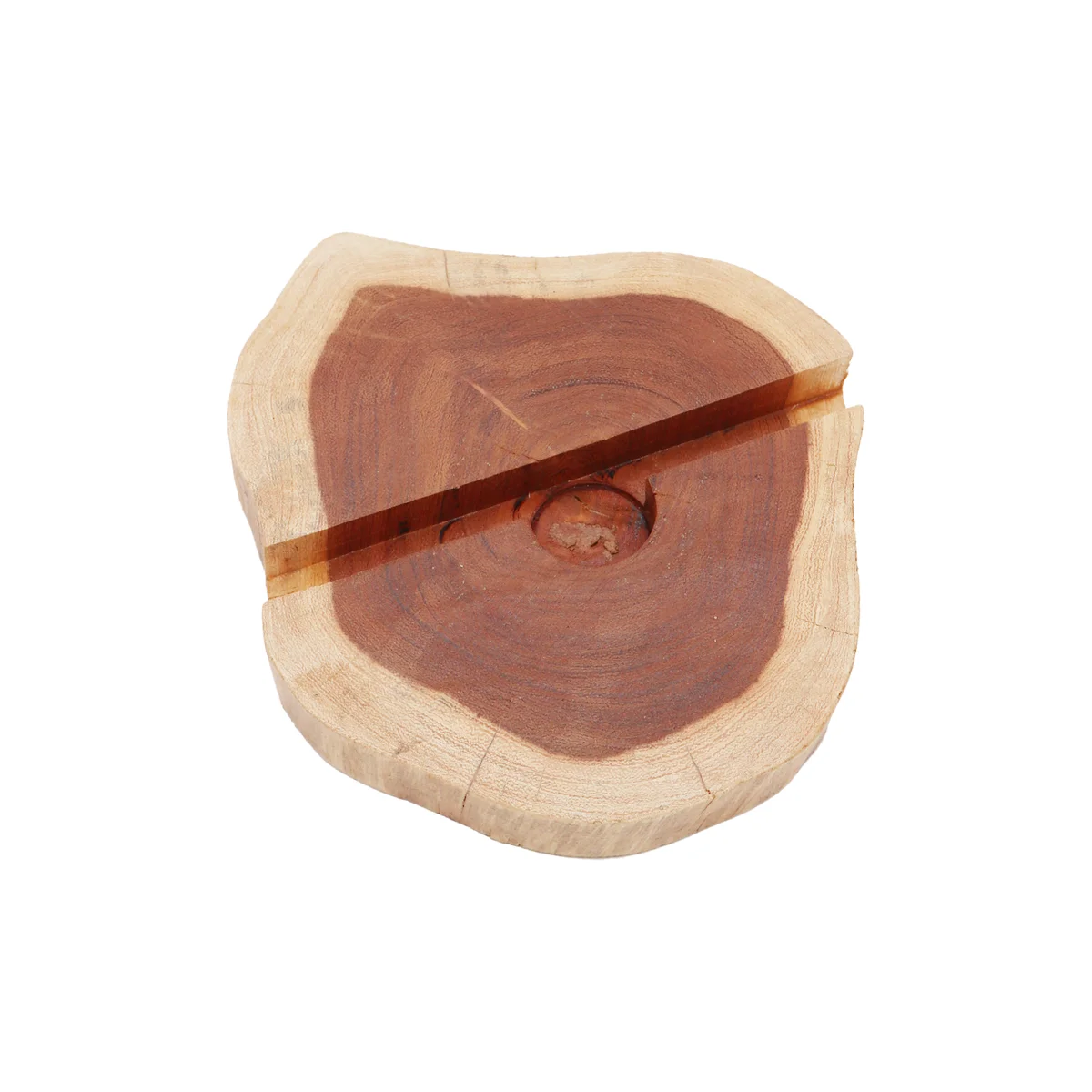 Large Gamal wood phone holder in natural finish, designed to securely hold phones upright on flat surfaces