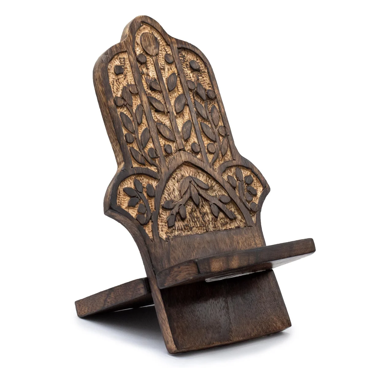 Wooden phone stand carved with intricate Hamsa design, showing front view on plain background
