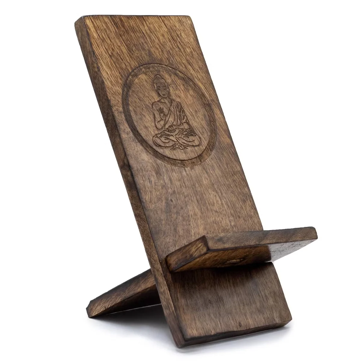 Wooden carved Buddha design mobile stand holding a phone, showcasing detailed craftsmanship and natural wood finish