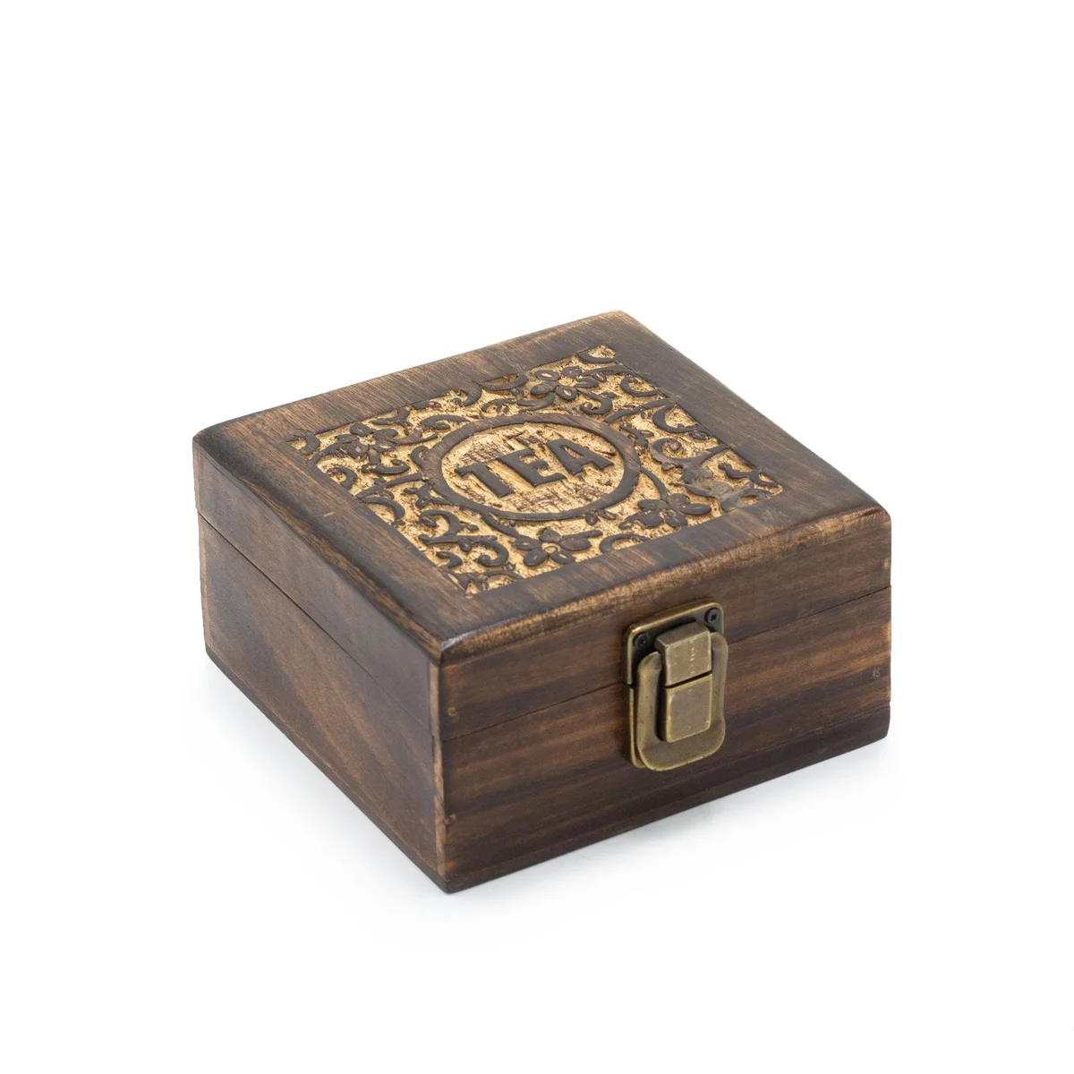 Mango wood tea box with four carved compartments, showcasing natural wood grain and intricate detailing.