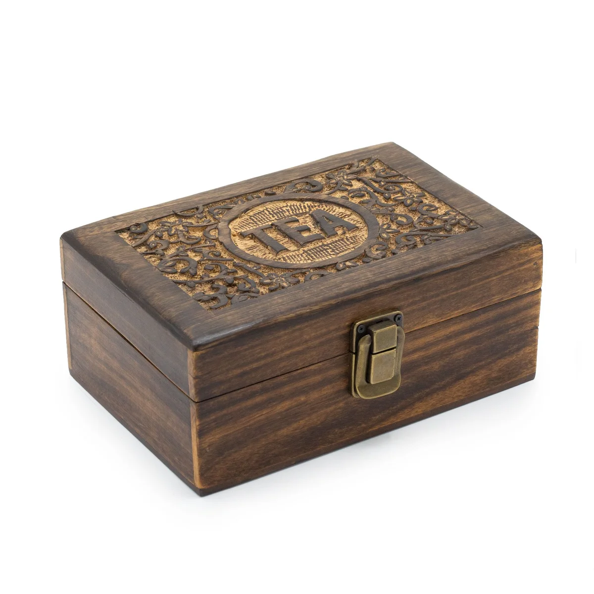 Mango wood tea box with six carved compartments for storing tea, natural wood finish