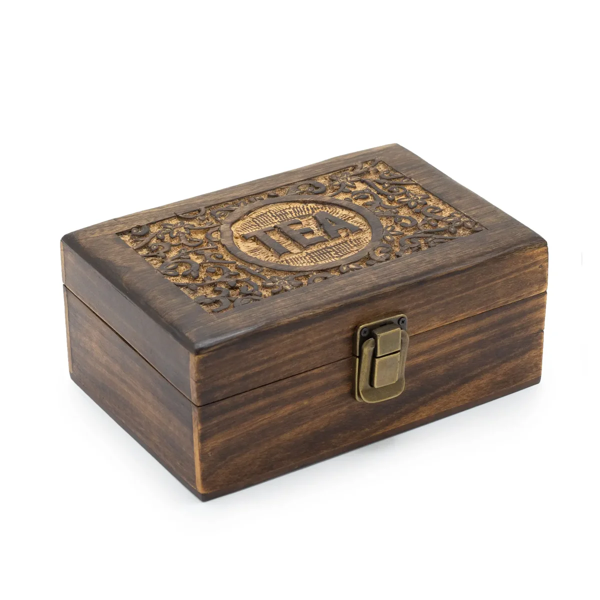 Mango wood carved tea box with six compartments for storing different tea varieties on a white background