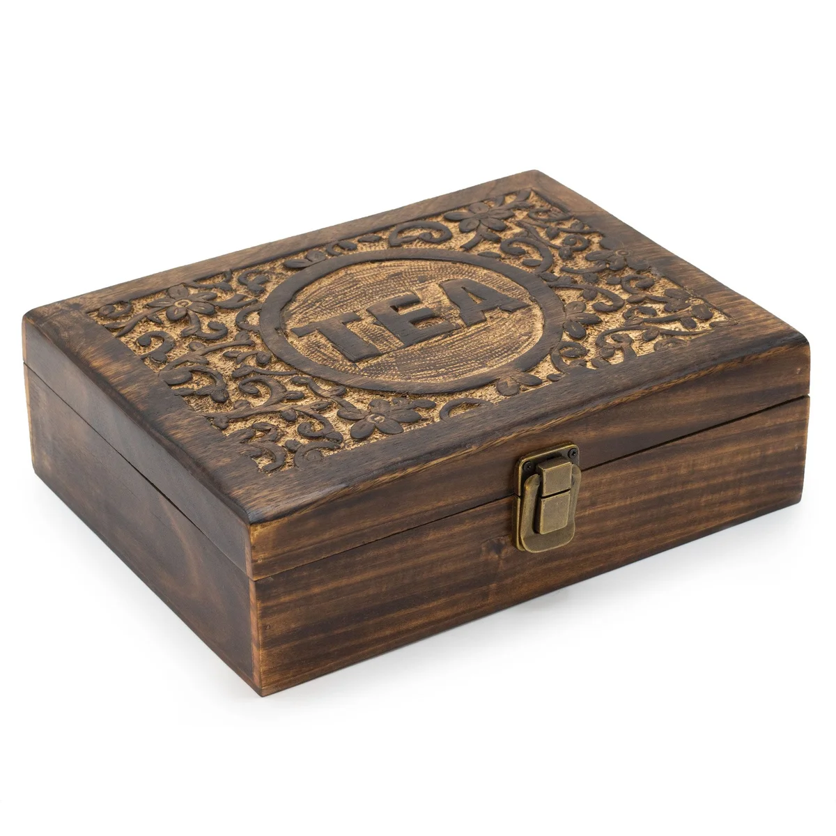 Mango wood tea box with 12 carved compartments for storing tea, showcasing natural wood texture and intricate design