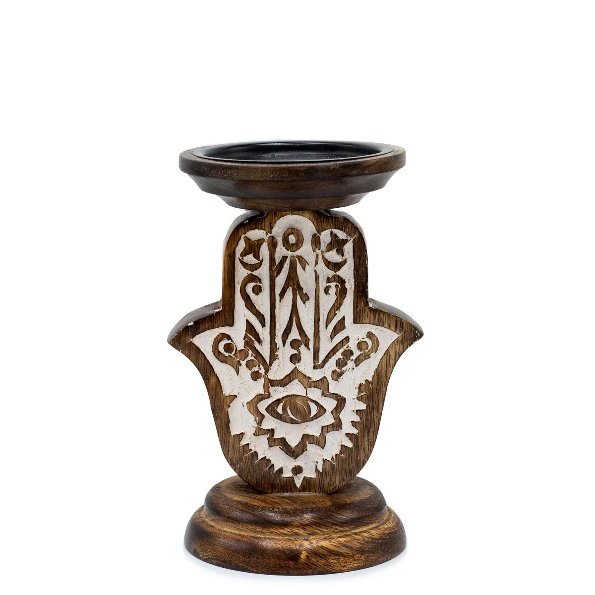 Small mango wood candle stand featuring a carved Hamsa design, ideal for decorative use