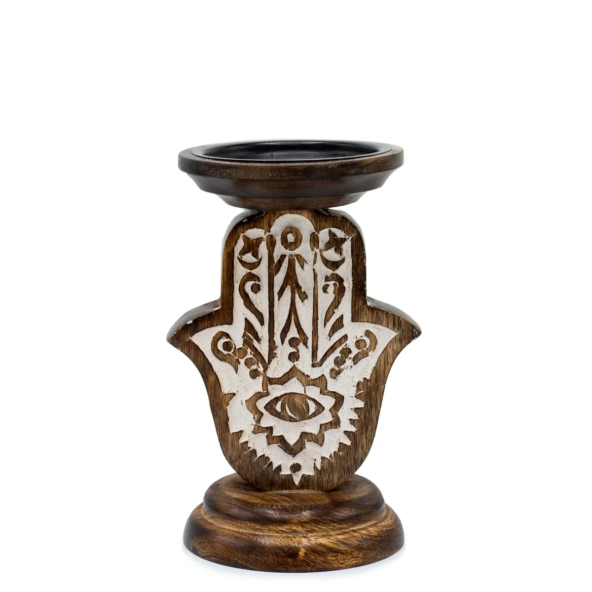 Small mango wood hamsa candle holder with carved hand design for holding a single candle