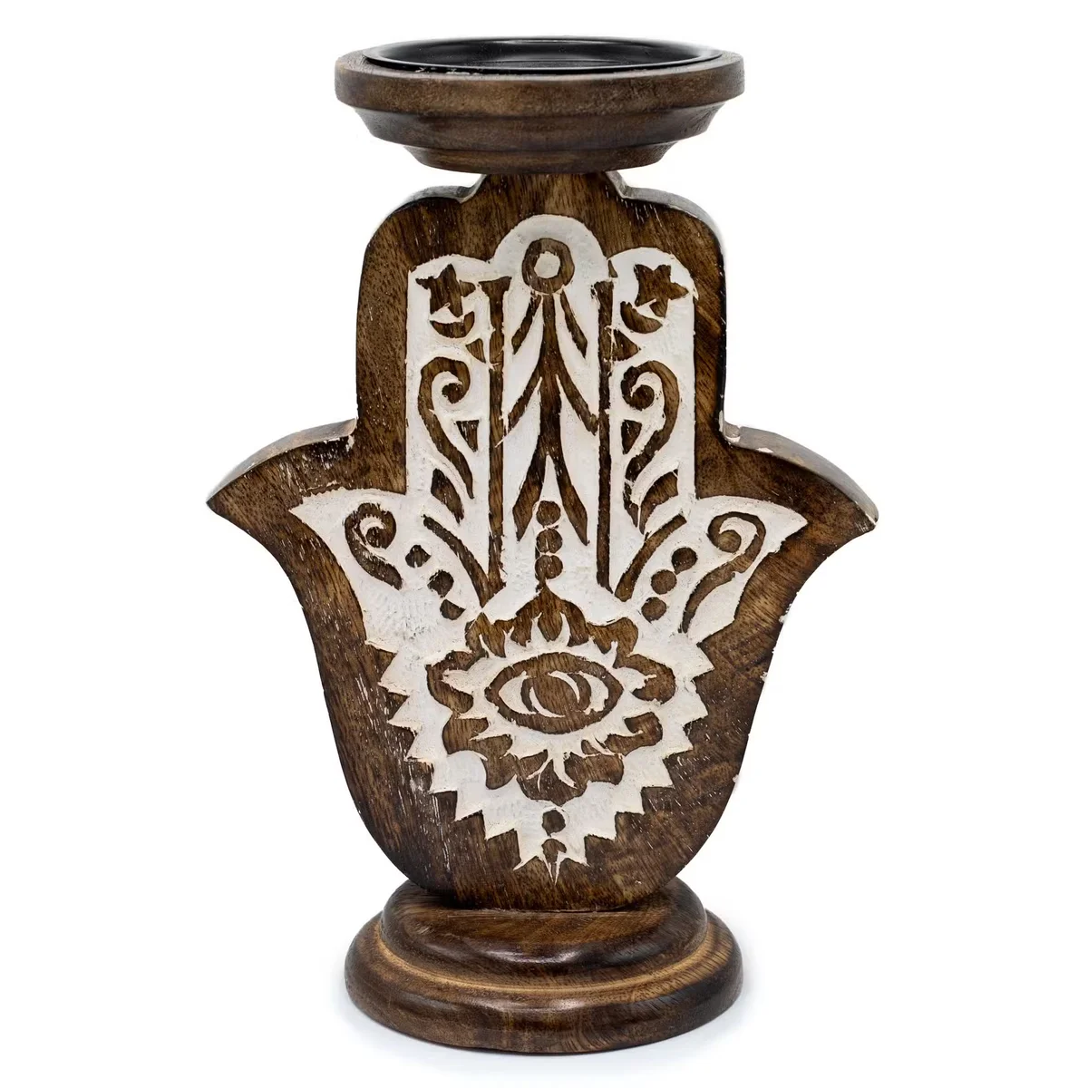 Large mango wood wooden candle holder featuring a carved Hamsa design on the front panel
