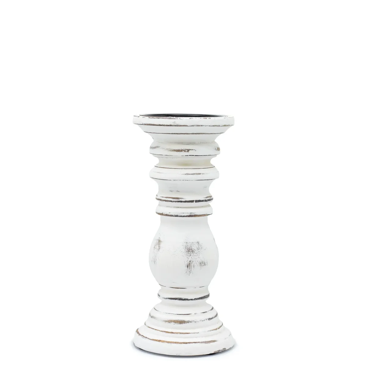Small classic whitewash candle holder with a simple, rustic design on a plain background