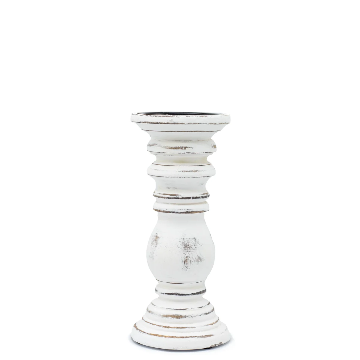 Small whitewash classic candle stand shown from a side angle against a plain background