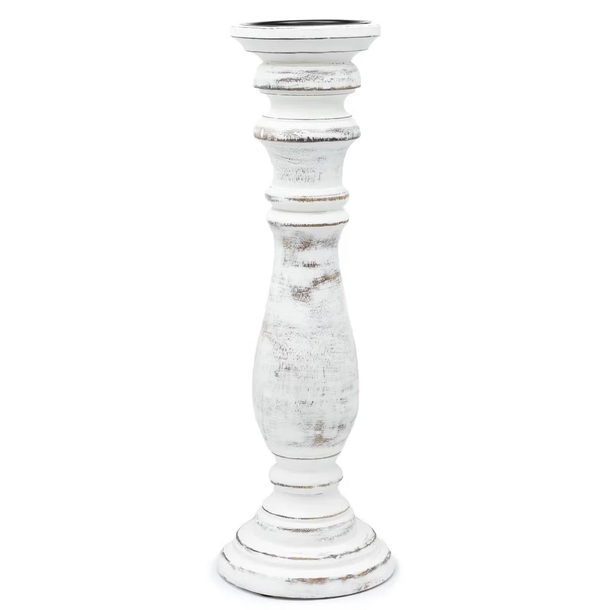 Large whitewash classic candle stand serving as a decorative candle holder on a plain background