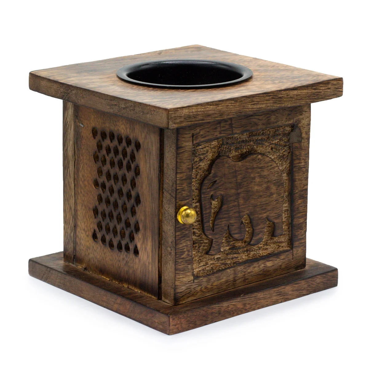 Large mango wood box burner shaped like an elephant, decorative candle holder with carved details and natural finish