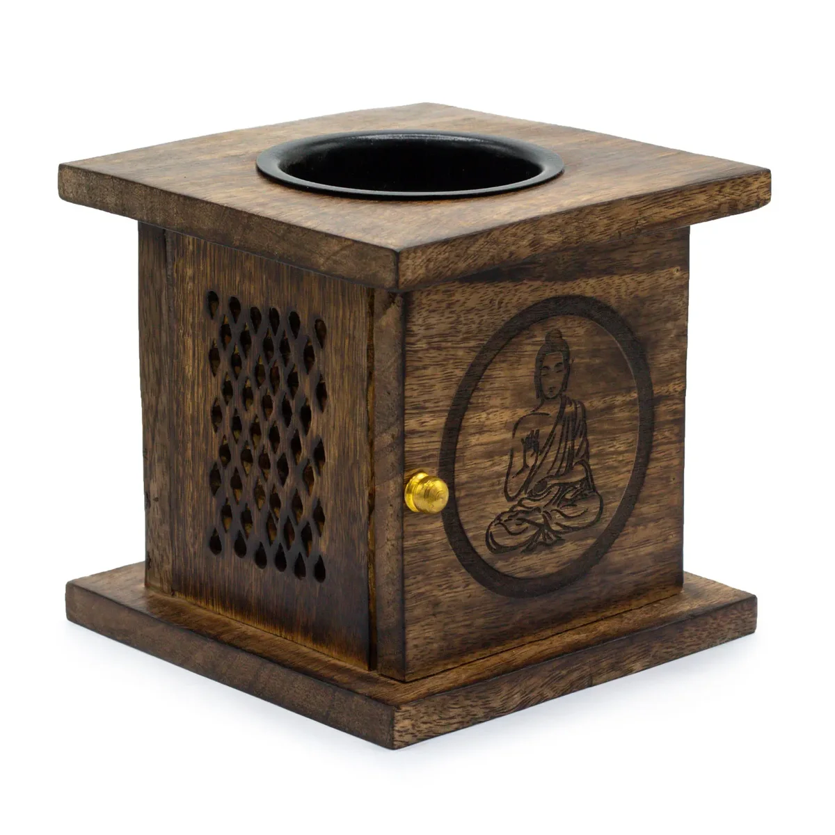 Large mango wood box burner featuring a carved Buddha design, ideal for home fragrance and decor.