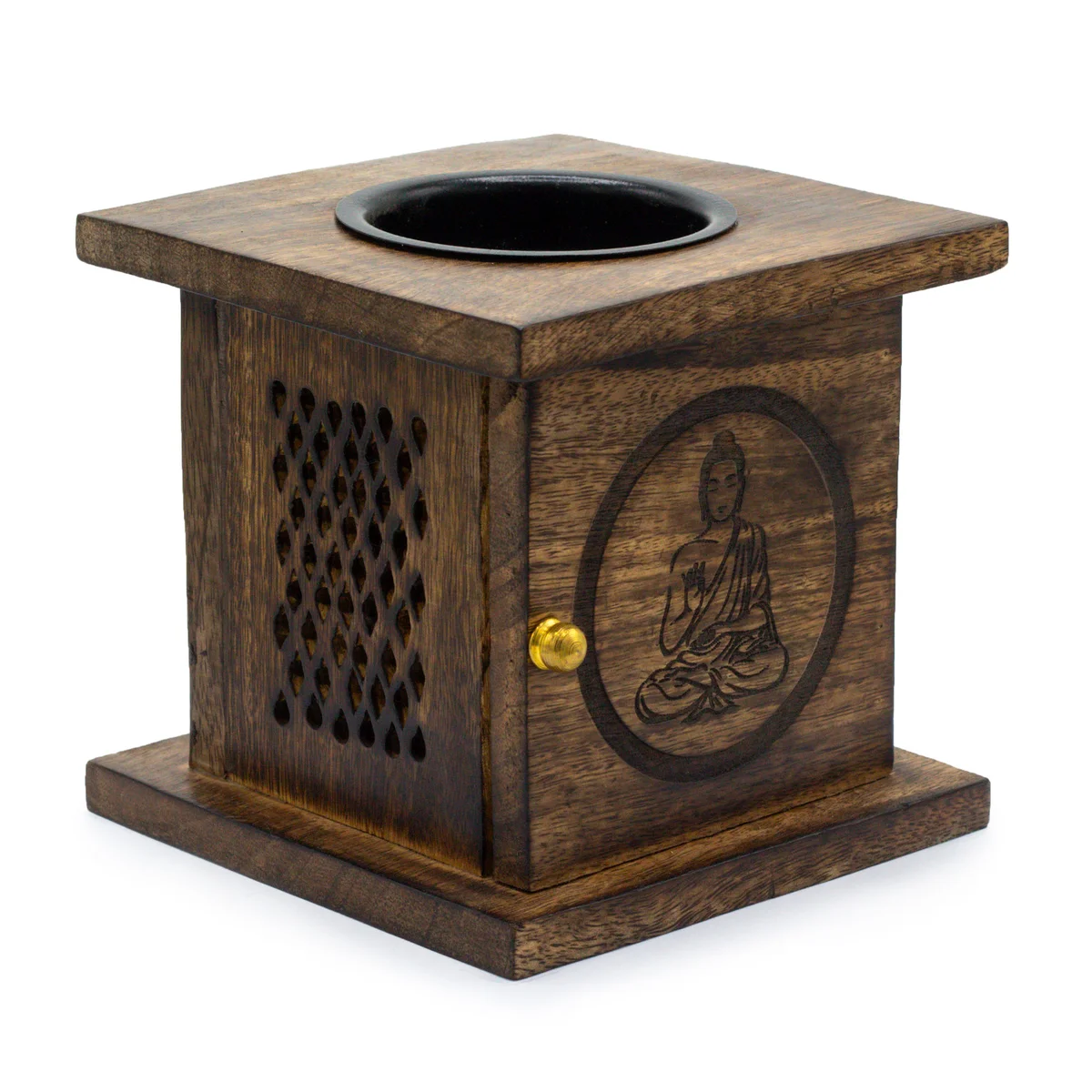Large mango wood box burner with Buddha design, decorative incense burner for home or meditation spaces